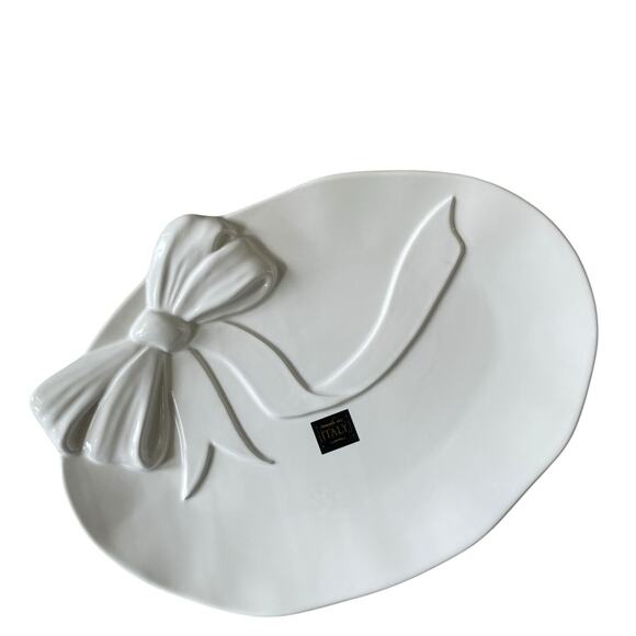 Handmade in Italy Embossed White Bow Ceramic Serving Platter 12x16 Oval NEW - Picture 2 of 16